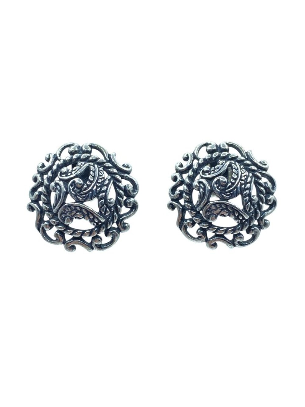 CAROLYN POLLACK 925 Sterling Silver Vintage Floral Ornate Oxidized Earrings